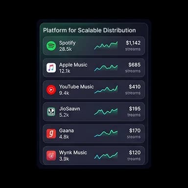 Music distribution hub with platforms on orbital paths.