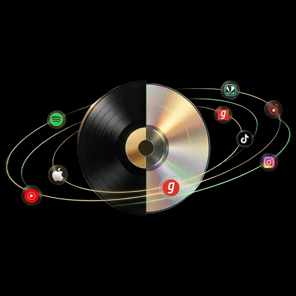 Stylized music distribution hub: a note at the center with streaming and social platform icons on dotted orbits, on black.