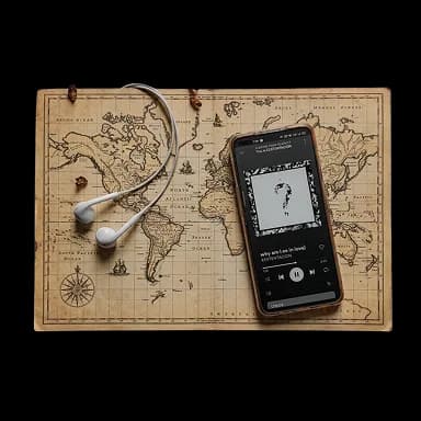 Streaming and social platform icons on orbital paths around a central music mark.