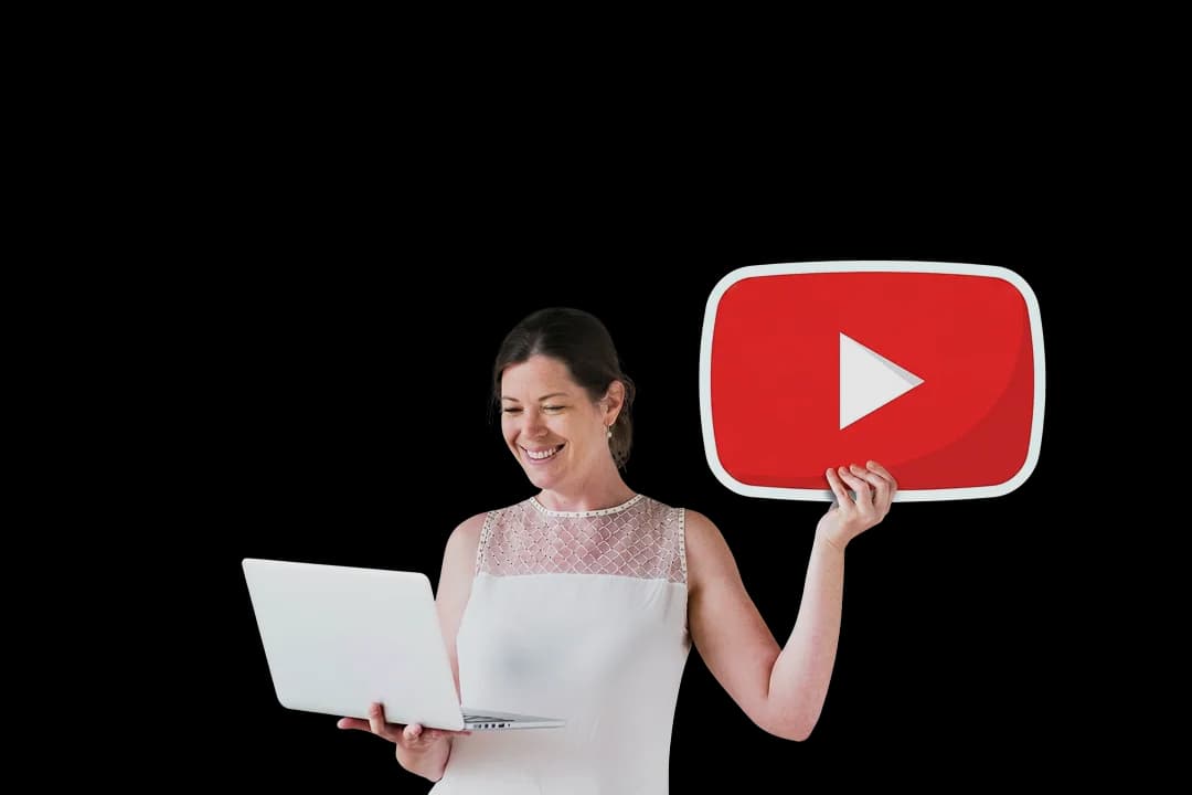 YouTube play button at the center connected to protection, analytics, global reach, and audience icons.